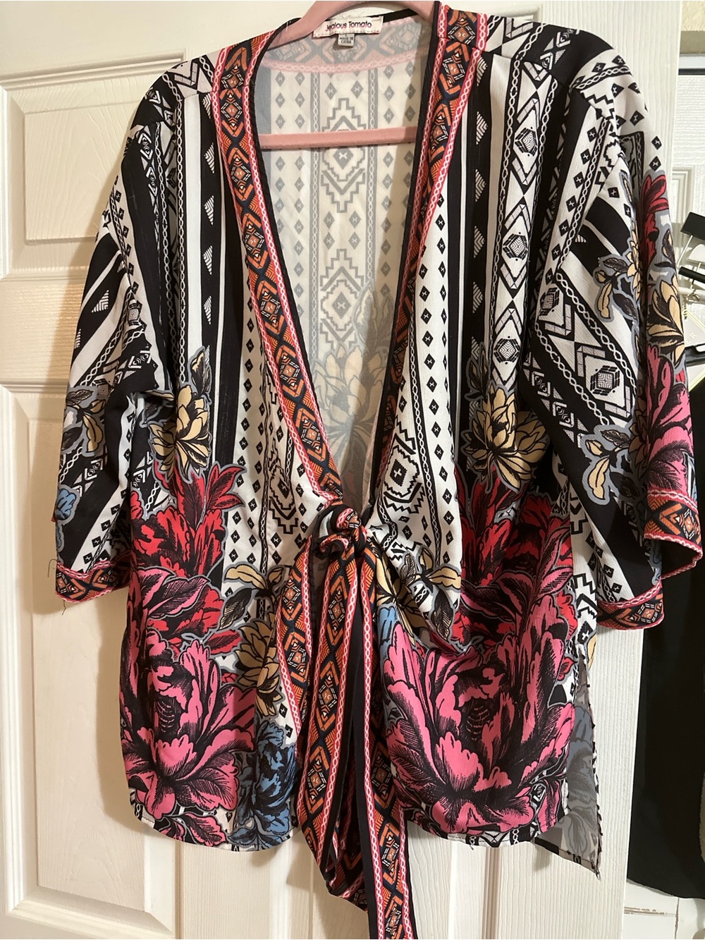 Jealous Tomato Floral Tie-Front Women’s Top - Black, White & Pink